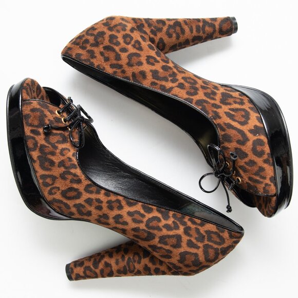 Beverly Feldman Play Along Heels Peep Toe Leopard Print Shoes Brown Black Size 8 - Picture 5 of 8